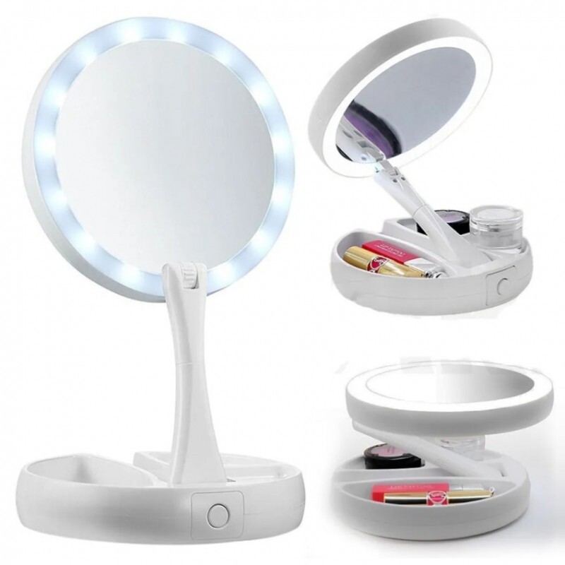 Espelho Maquiagem Retratil Luz Led Duas Faces Retratil Aumenta 10X