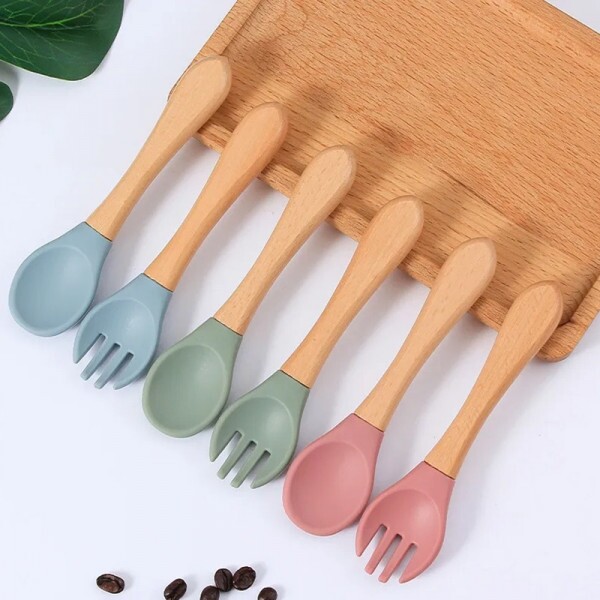 Kit Garfo + Colher De Silicone Cabo De Madeira Para Bebe
